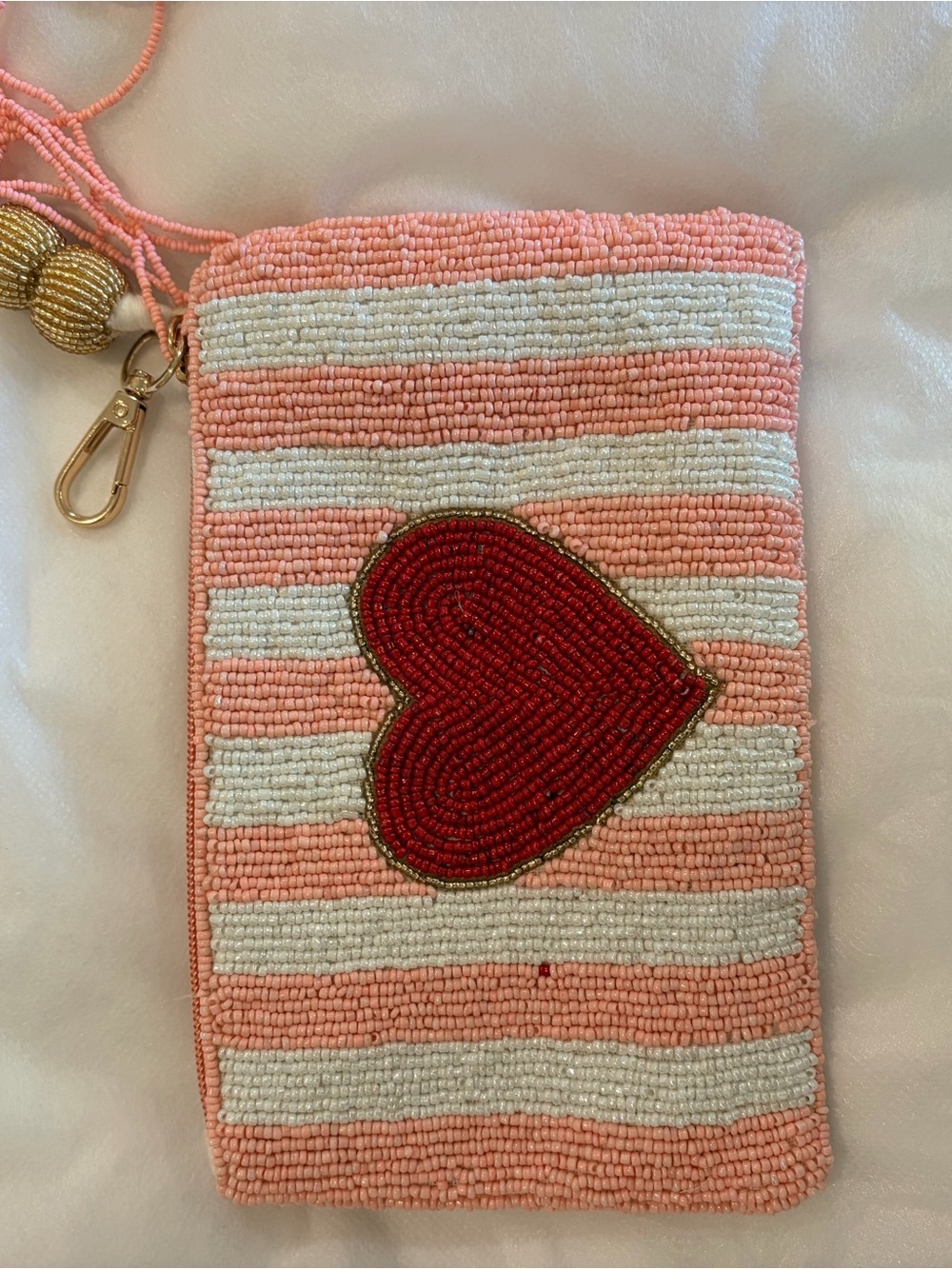 Pink Beaded Heart Stripe Wristlet Pouch